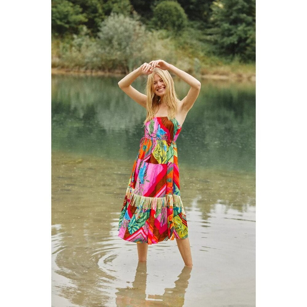 NWT FARM Rio Palila Fringed Midi in Patchwork Floral Parrot Print Tank Dress L